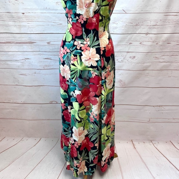 Vintage 90’s Y2K Tropical Floral Hawaiian Rose Button Front Open Back Maxi Dress - Picture 7 of 10